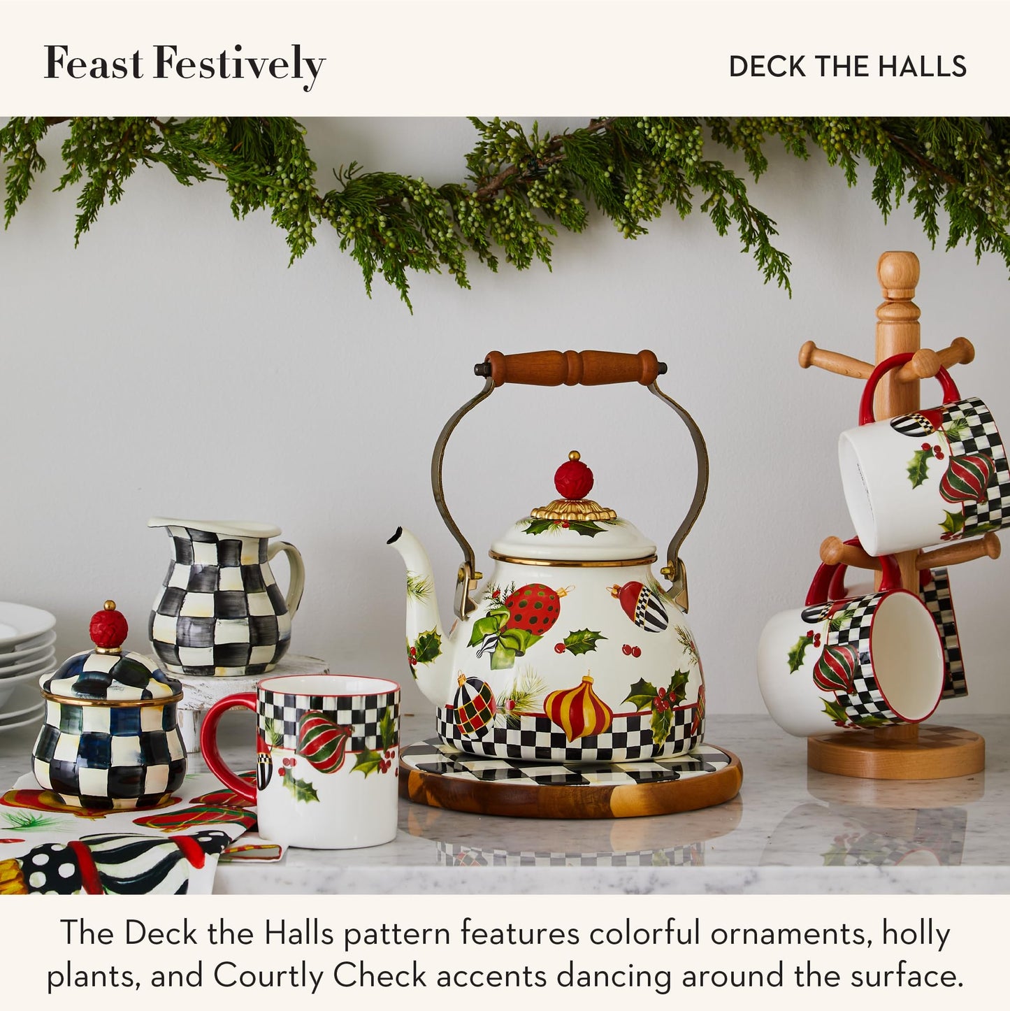 MACKENZIE-CHILDS Enamel Canister, Kitchen Storage Container with Lid, Large, Deck the Halls