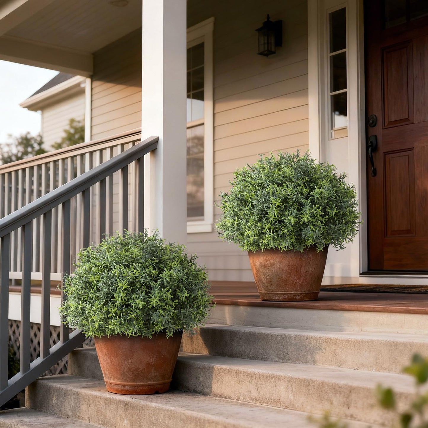 2 Sets Artificial Rosemary Topiary Ball Trees for Front Door - UV Resistant Faux Outdoor Rosemary Bushes, Fake Spring/Summer Greenery Potted Plants for Farmhouse Garden Porch Outside Decor