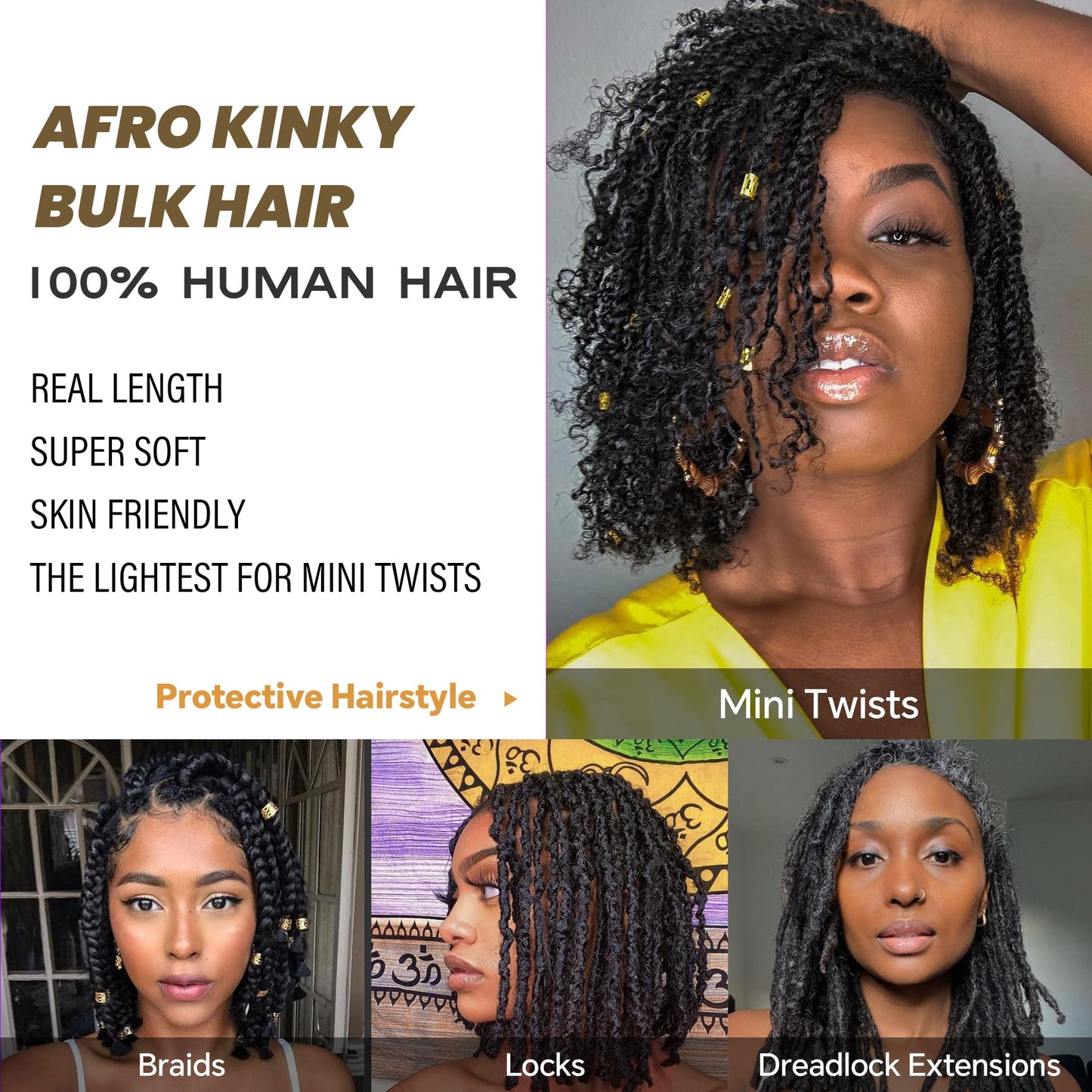 Afro Kinkys Bulk Human Hair -100% Real Human Hair for Mini Twist, Braiding, Loc Extensions & Crochet, Kinky Curly Hair Bundles, Natural Afro Bulk for Dreadlocks(1B, 12Inch) (1B, 12 Inch(Pack of 1))