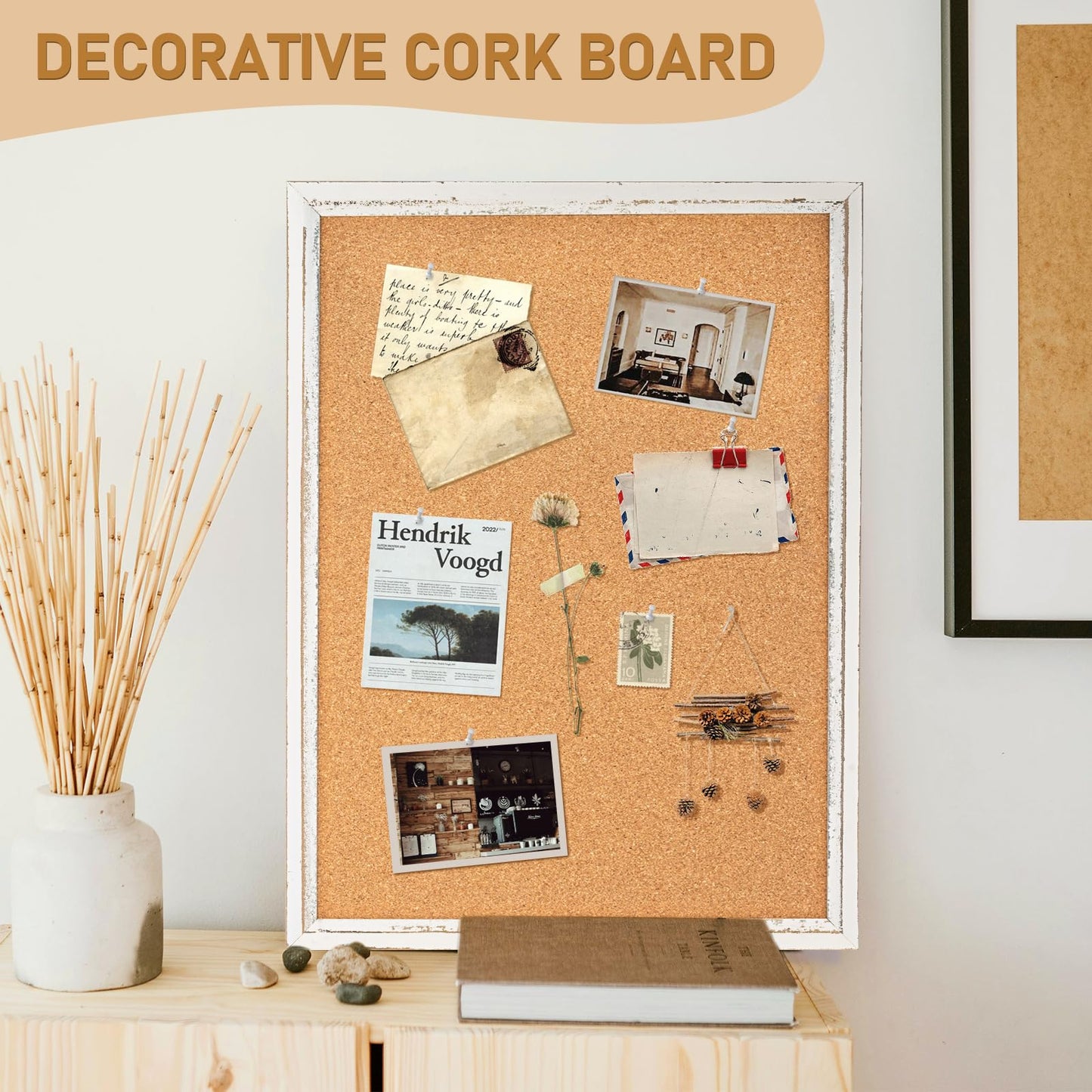 DOLLAR BOSS White Cork Board for Wall - 48 X 36 Inches, Rustic Wooden Frame Large Bulletin Board, Decorative Hanging Pin Board for Office & Home Decor