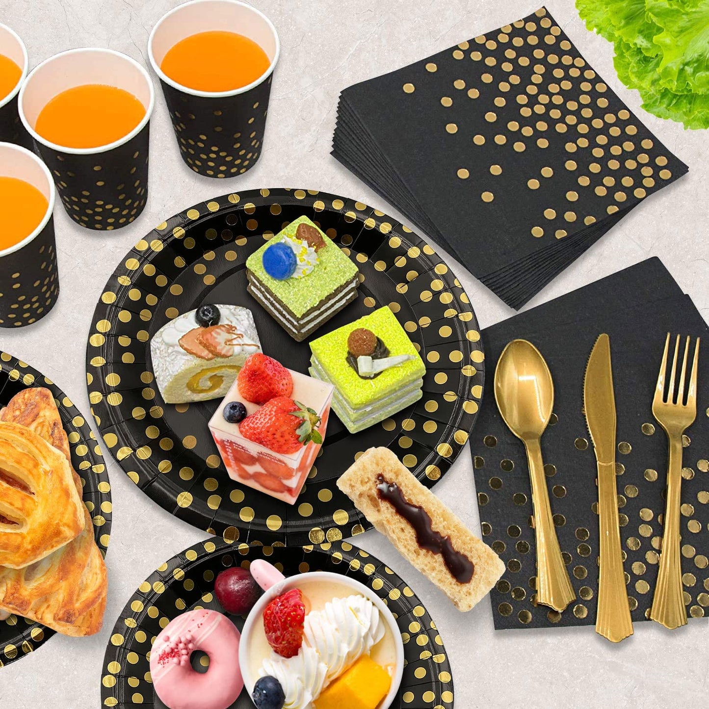 350PCS Black and Gold Party Supplies, Severs 50 Disposable Party Dinnerware, Gold Plastic Forks Knives Spoons and Golden Dot Paper Plates Black Napkins Cups for New Years Graduation Birthday Wedding