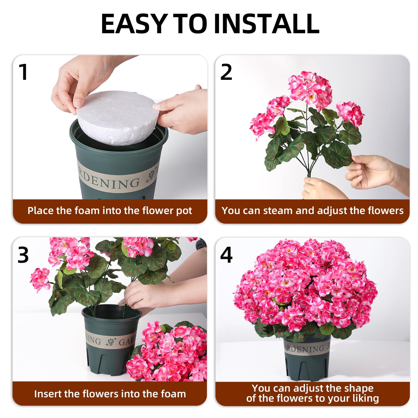 Geraniums Artificial Flowers for Outdoors, 2 Pack Potted Plants Pink Faux Geraniums Bush Artificial Topiaries Realistic UV Resistant Fake Flowers Plants for Planters Outside Gardens Front Door Indoor