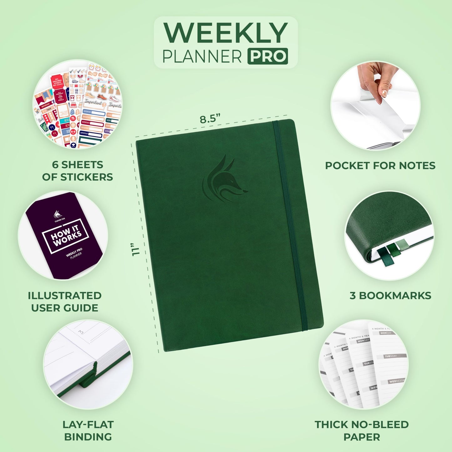 Clever Fox Planner PRO – Weekly & Monthly Life Planner to Increase Productivity, Time Management and Hit Your Goals, 8.5x11″ (Forest Green)