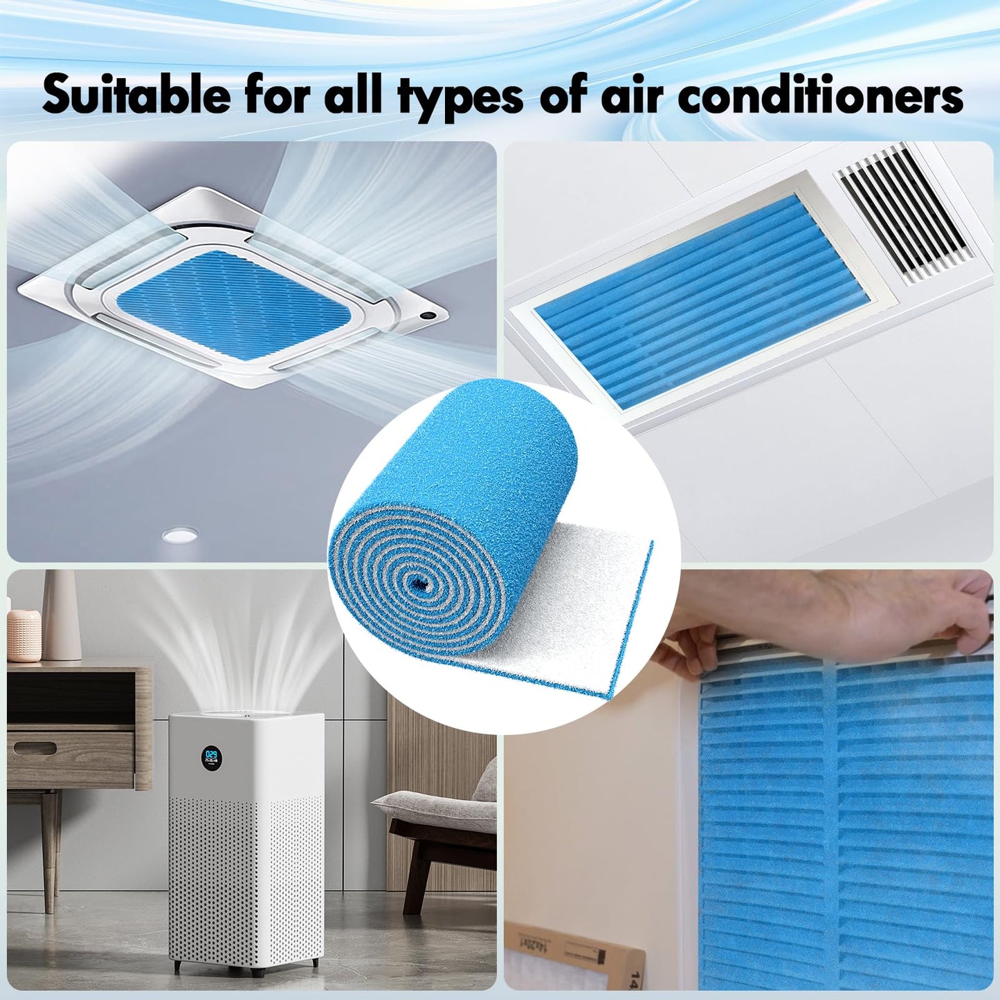 Air Vent Filters, 20" x 140" Cut to Fit Filter Material (80+ Filter), MERV 8 HVAC Furnace Vent Filters for Home, Floor, Ceiling, Grilles - Includes 48PCS Adhesive Hook Tape