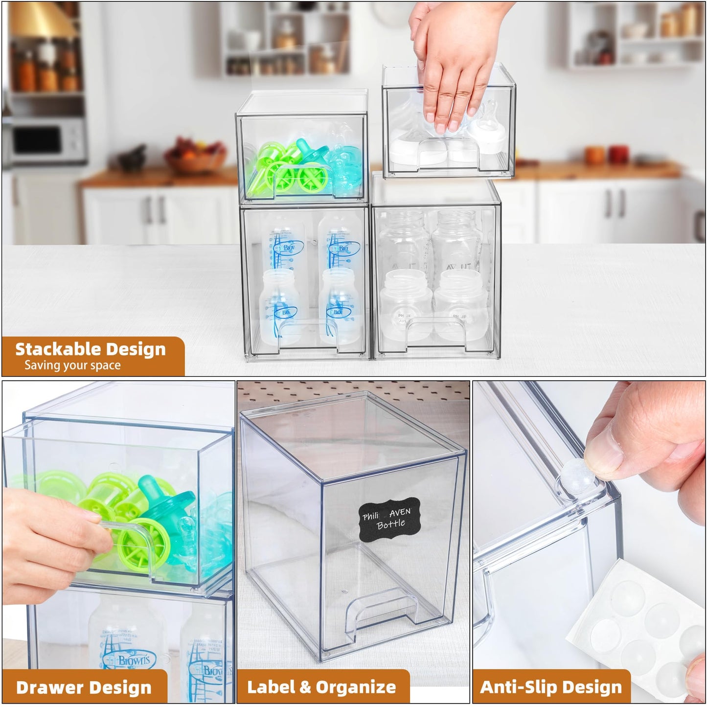 Baby Bottle Organizer, Stackable Storage Drawers with Label, Clear Station Organizers Container for Pacifiers, Pump Parts, Desk Organizer Bins for Bathroom, Cabinet, Pantry, Vanity, Countertop, 4 Pack
