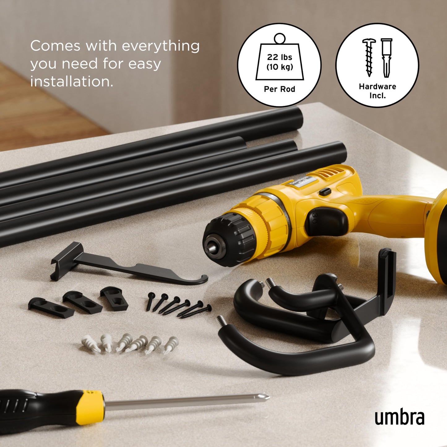 Umbra Twilight Double Curtain Rod Set – Wrap Around Design Ideal for Blackout or Room Darkening Panels, 30 to 84 Inches, Black