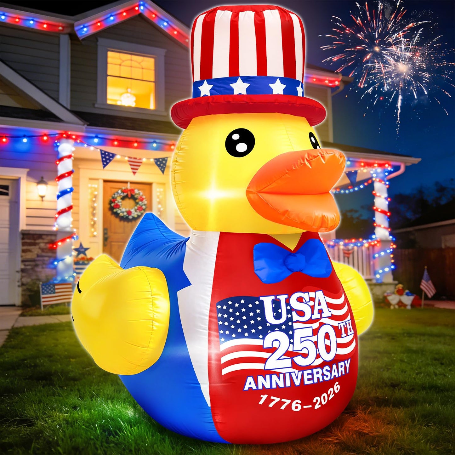 4FT 4th of July Inflatables Outdoor Decorations, Patriotic Blow Up Inflatable Duck with Amarican Flag Hat Built-in LEDs for USA 250th Anniversary Fourth of July Independence Day Yard Garden Lawn Decor