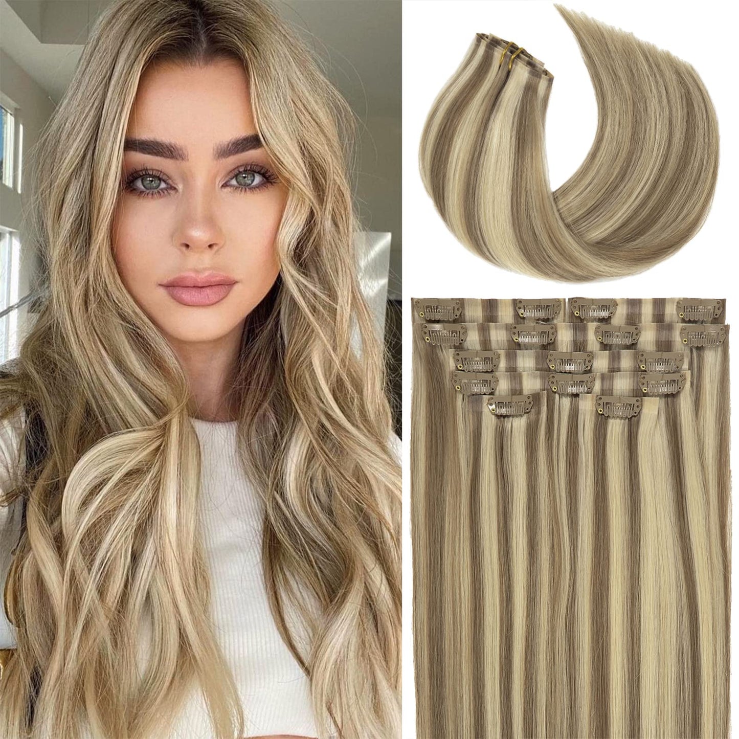 Lacer Hair Seamless Clip in Hair Extensions Human Hair Highlight Color Light Brown with Platinum Blonde 8pcs Invisible PU Skin Weft Straight Natural Remy Hair Extensions Clip in for Women 20 Inch 115g