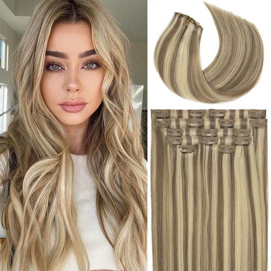Lacer Hair Seamless Clip in Hair Extensions Human Hair Highlight Color Light Brown with Platinum Blonde 8pcs Invisible PU Skin Weft Straight Natural Remy Hair Extensions Clip in for Women 20 Inch 115g