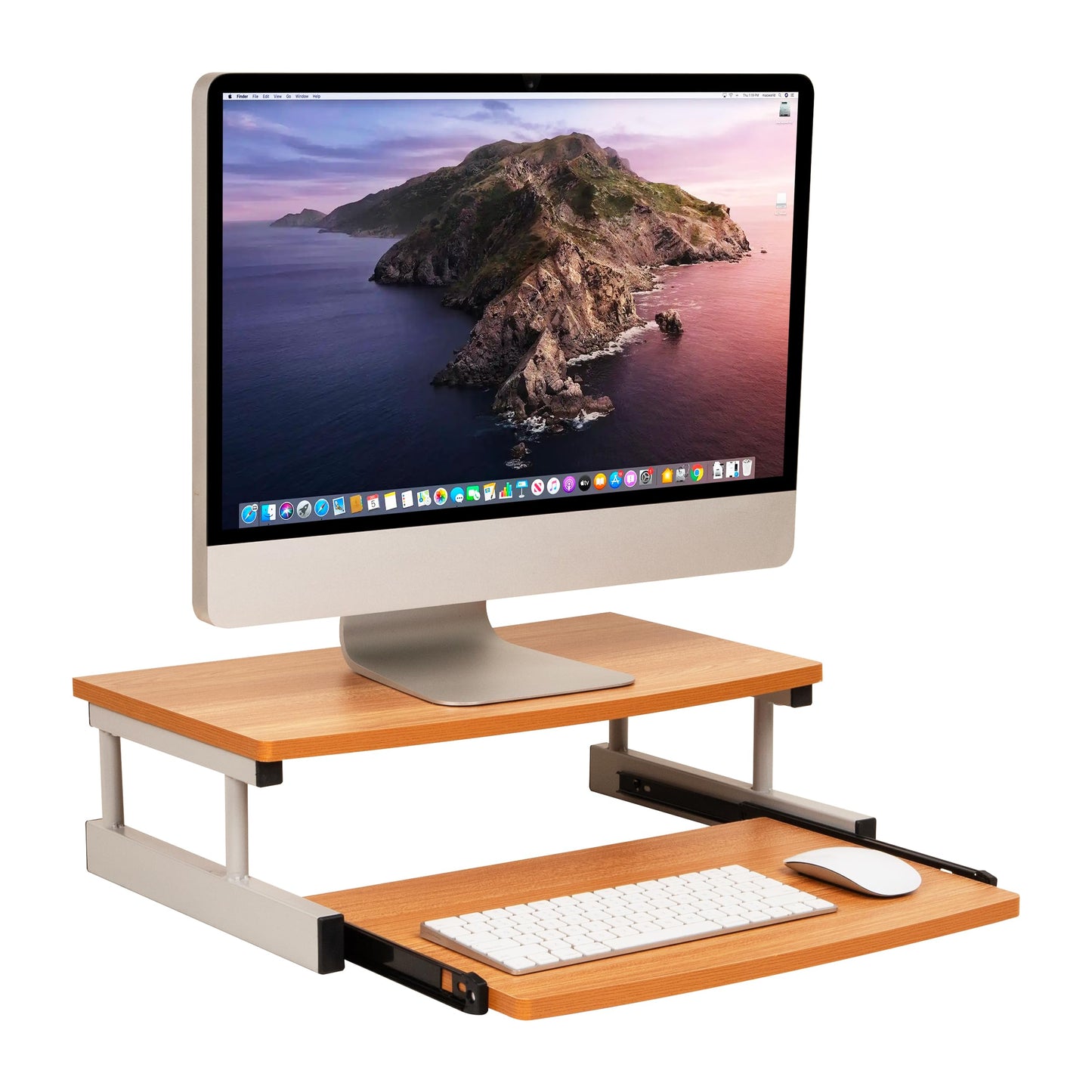 Mind Reader Monitor Stand, Sliding Keyboard Drawer, Laptop, Riser, Office, Wood/Metal, 20"L x 14.75"W x 5.9"H, Brown, Silver