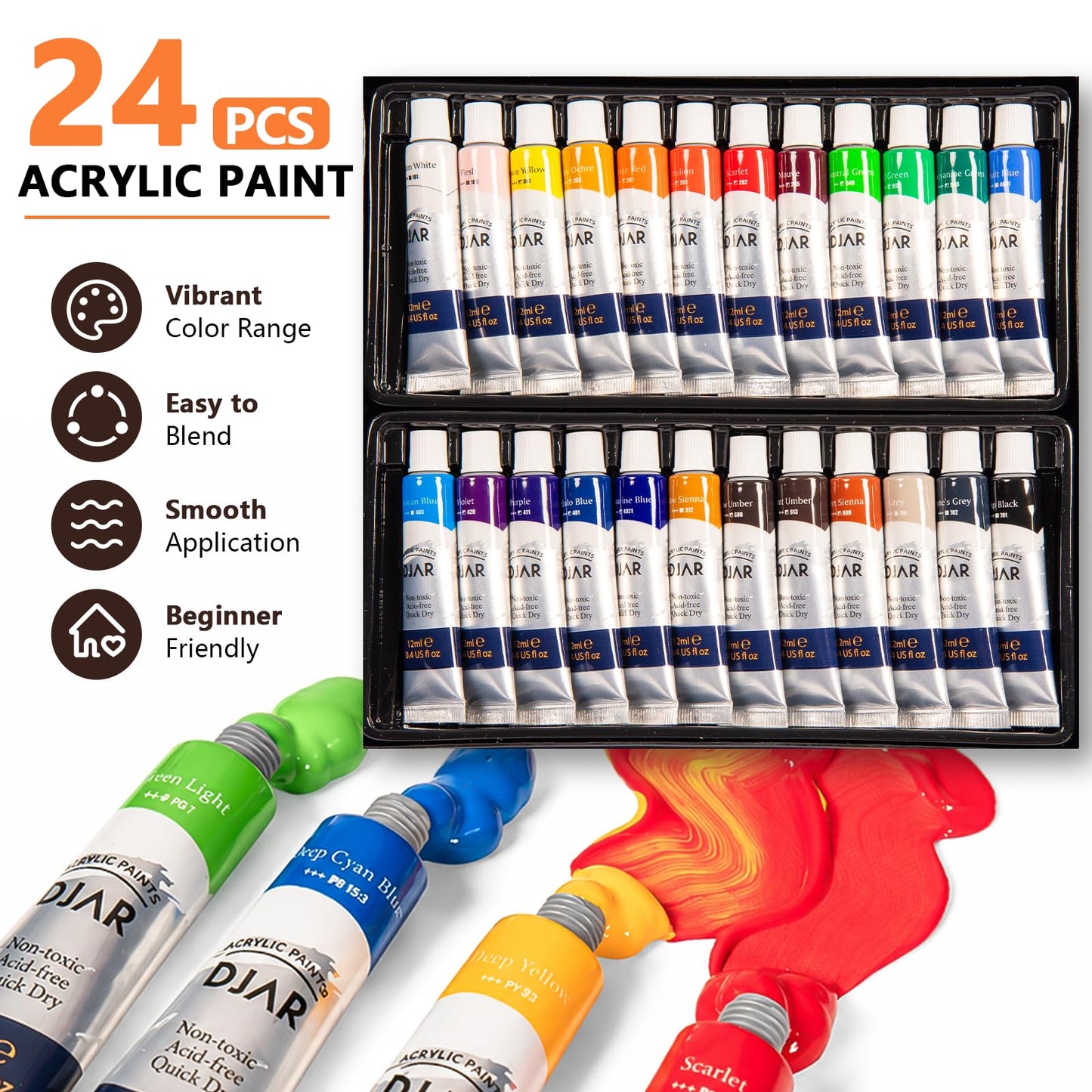 DJAR 49 pcs Acrylic Paint Set with Tabletop Easel Box, 24 Acrylic Paint Colors, Sketchbook, Painting Pads, and Complete Acrylic Art Supplies Kit for Adults, Teens, and Beginners