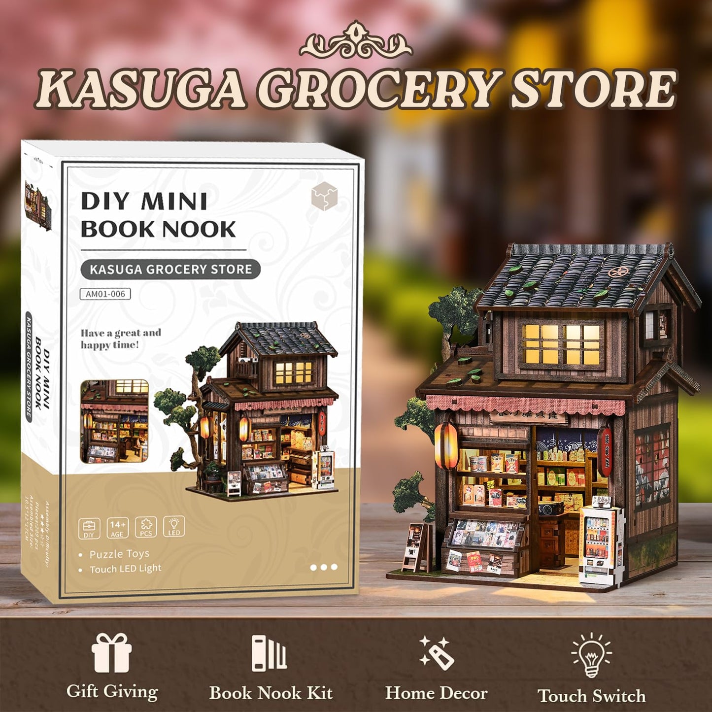 Book Nook Kit - Kasuga Grocery Store, 209 PCS DIY Miniature House 3D Wooden Puzzles for Adults, Dollhouse Tiny Booknook Bookshelf Decor, Stress Relief Craft for Enthusiasts Lovers Family & Friends