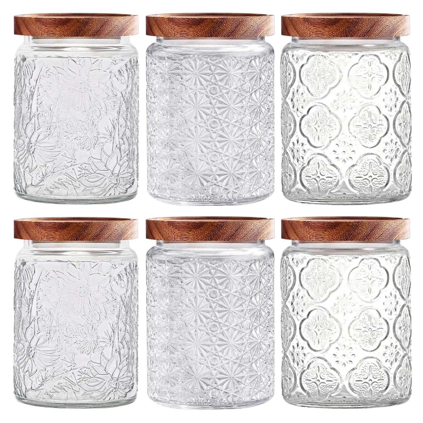 yoqelt Vintage Glass Jars with Wooden Lids, 6 Pack 24 oz Airtight Glass Food Storage Containers Sets for the Kitchen, Sugar Coffee Candy Spice Cookie Tea Pasta