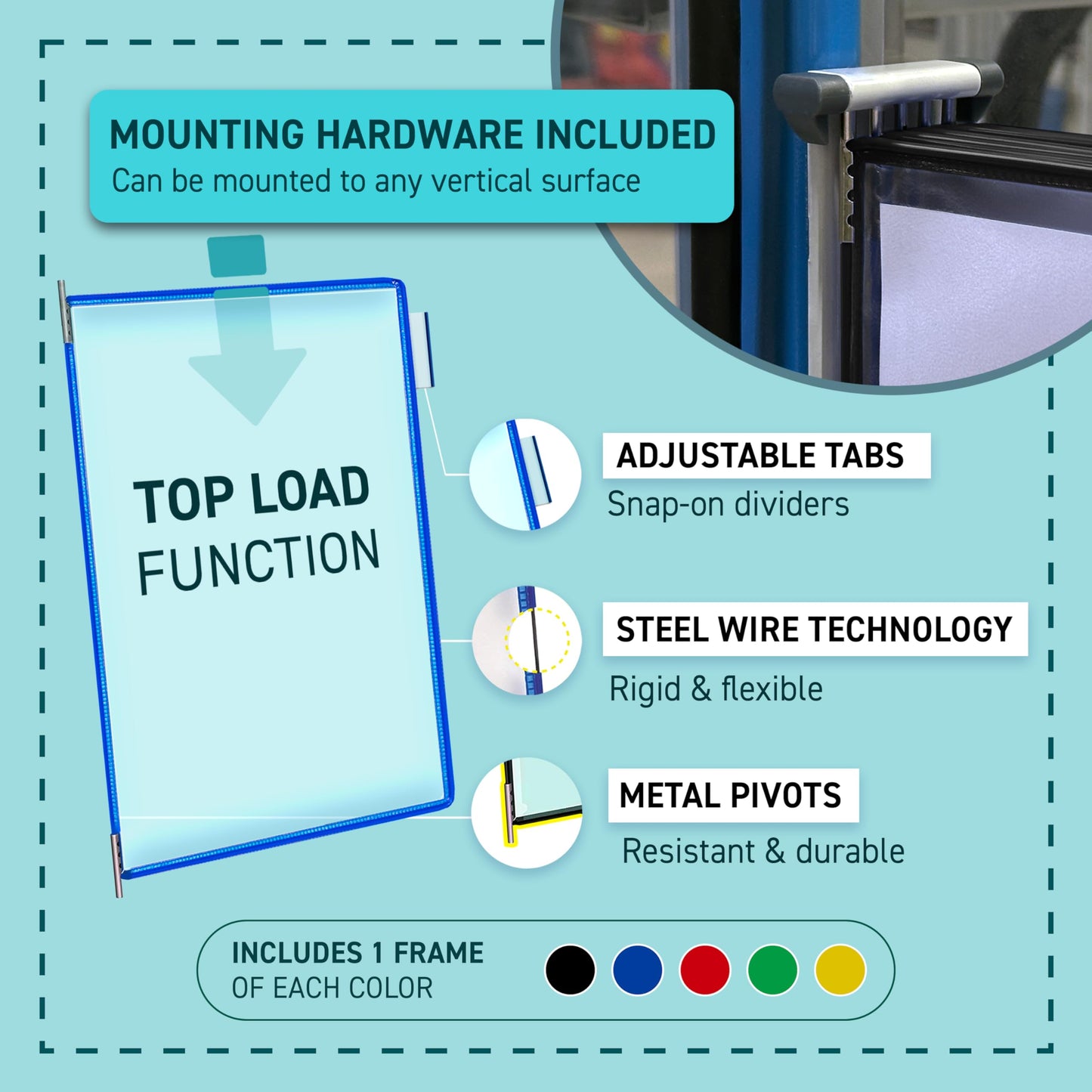 Tarifold Wall Mount Reference & Display System, 5 Double-Sided PVC Pockets, 10 Sheet Capacity, Glare-Free, Durable Steel Wire Frames, Expandable, Letter Size, Assorted