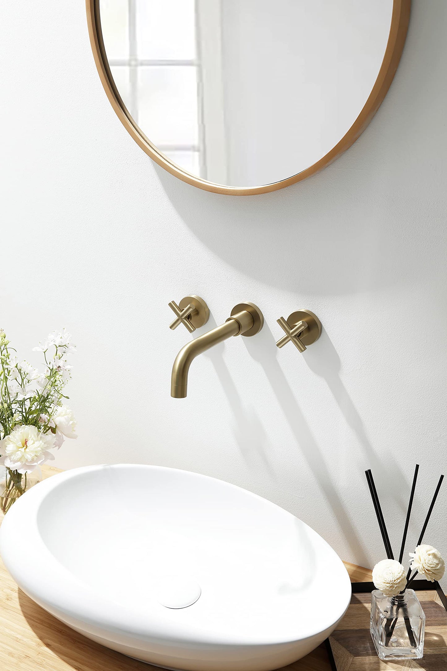 SITGES Gold Bathroom Faucet, Double Handle Wall Mount Bathroom Sink Faucet and Rough in Valve Included (Gold)