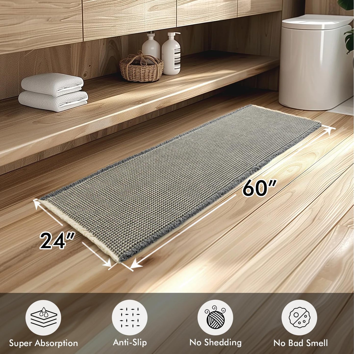 MIULEE Set of 2 Waffle Bathroom Runner Rugs, Boho Bath Rug Non Slip Washable, Super Absorbent Runner Bath Mats, Rubber Backed, Ideal for Hallway Laundry Room, Dark Grey & Yellow, 2'x5'(24x60 Inch)