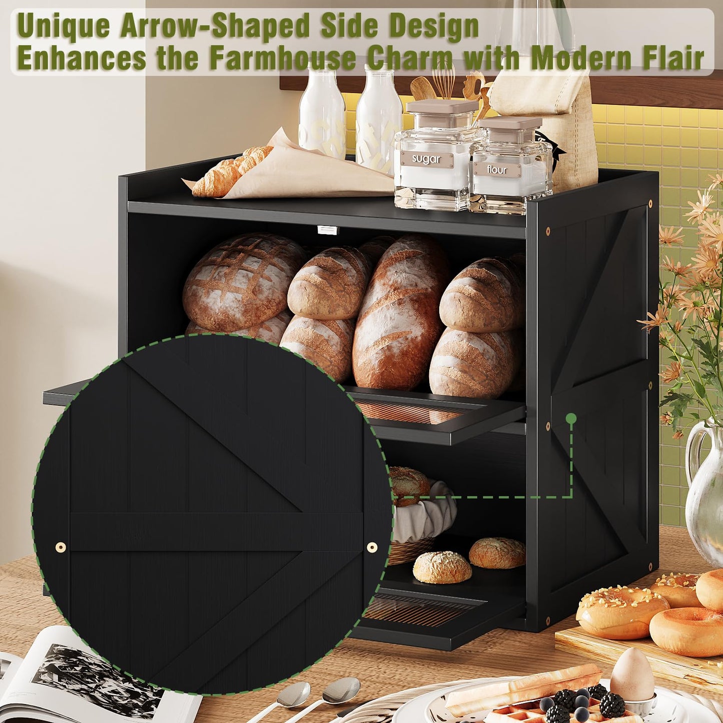 Trironsun Double Layer Bread Box for Kitchen Counter Black Bread Storage Container with Acrylic Door Large Farmhouse Breadbox Organizer Bread Holder (Black)