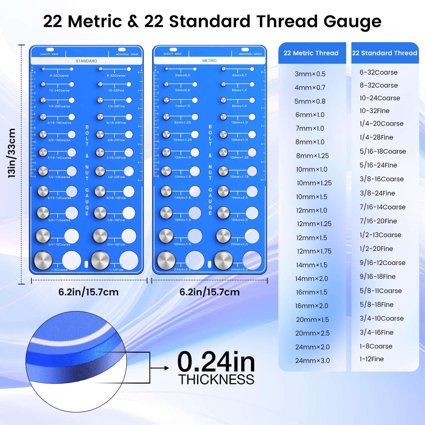 44 Thread Checker, Nut and Bolt Thread Checker - 22 Standard & 22 Metric Sizes, Metal Bolt Size and Thread Gauge with Inch & Metal Ruler, Wall-Mountable Bolt and Nut Identifier Gauge for Easy Sizin