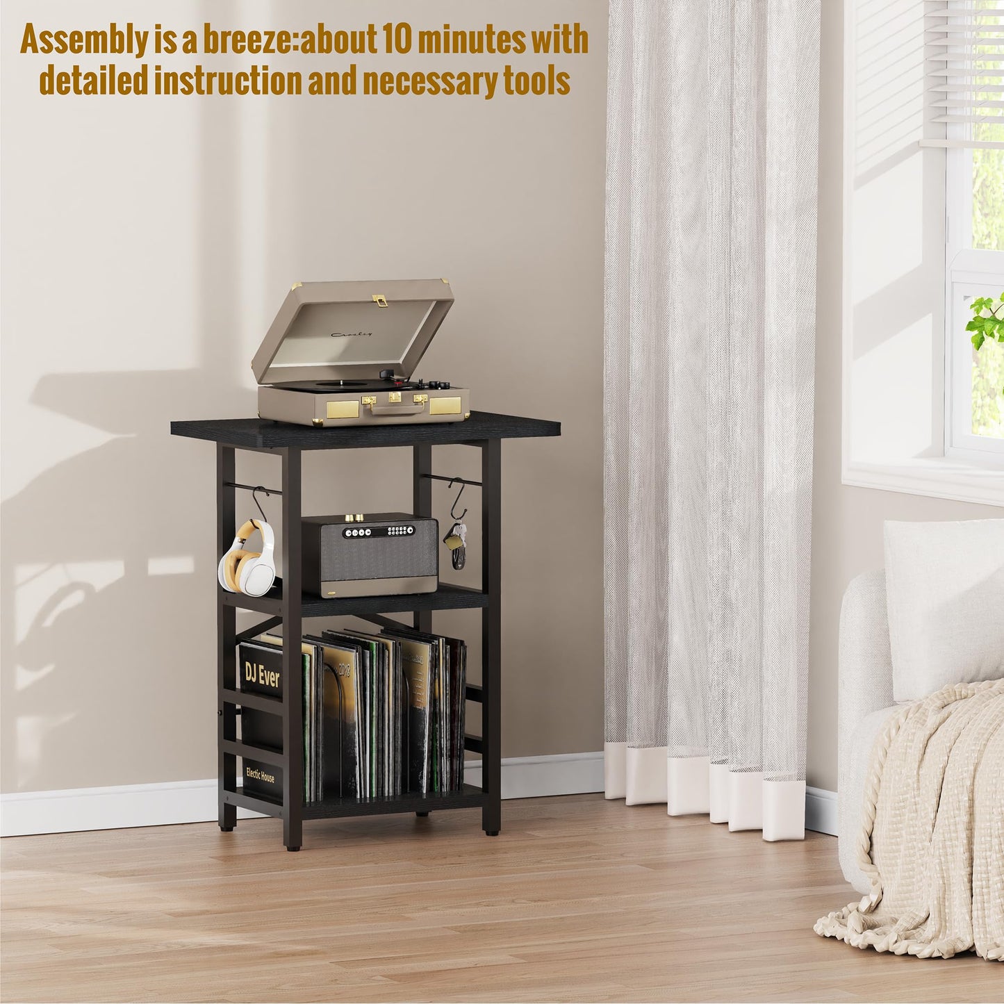 YAKANJ Record Player Stand with Extended Desktop,Large Record Player Table with Vinyl Storage,Turntable Stand with Record Holder Vinyls Display Shelf for Music Room Studio,Modern Black
