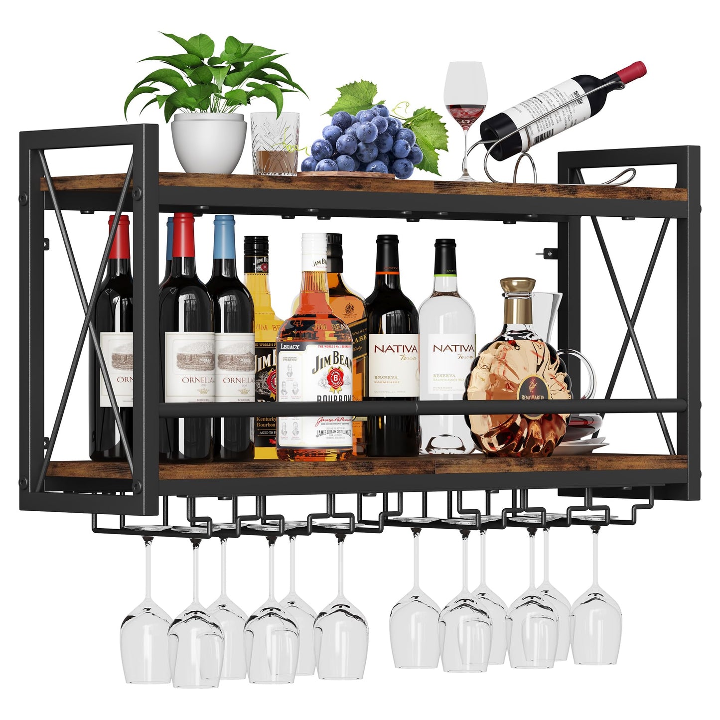 Homeiju Wall Mounted Wine Rack, Bottle & Glass Holder Wood-Metal Retro Wine Rack, Wine Bottles Display Wall Storage for Kitchen Dining Room Home Bar
