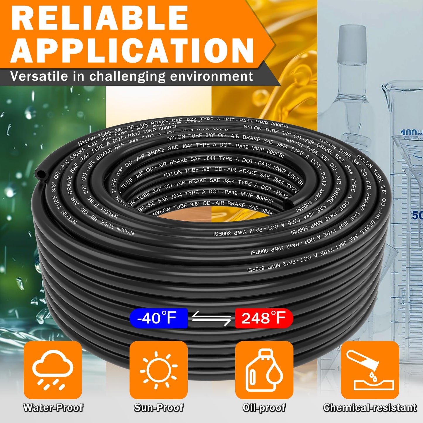 CheeMuii 200 FT 3/8 Pneumatic Tubing 3/8" DOT Air Line SAE J844 PA12 Nylon DOT Air Hose 61 Meter 3/8 Inch OD Pneumatic Air Tubing Pipe Hose Line