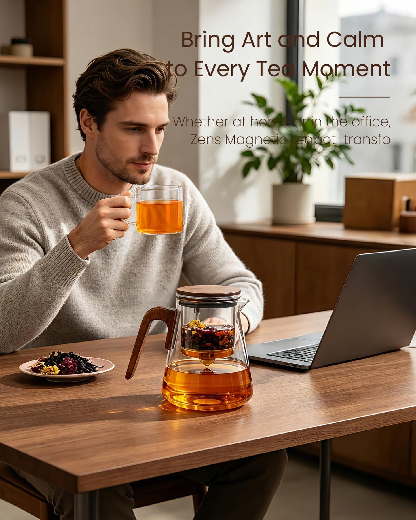 ZENS Magnetic Tea Pot, Enchanted Glass Teapot with Infuser and Magnetic Suction Lid for Mess-Free Loose Tea Diffusers, Walnut Wood Handle, Tea Lovers Gifts