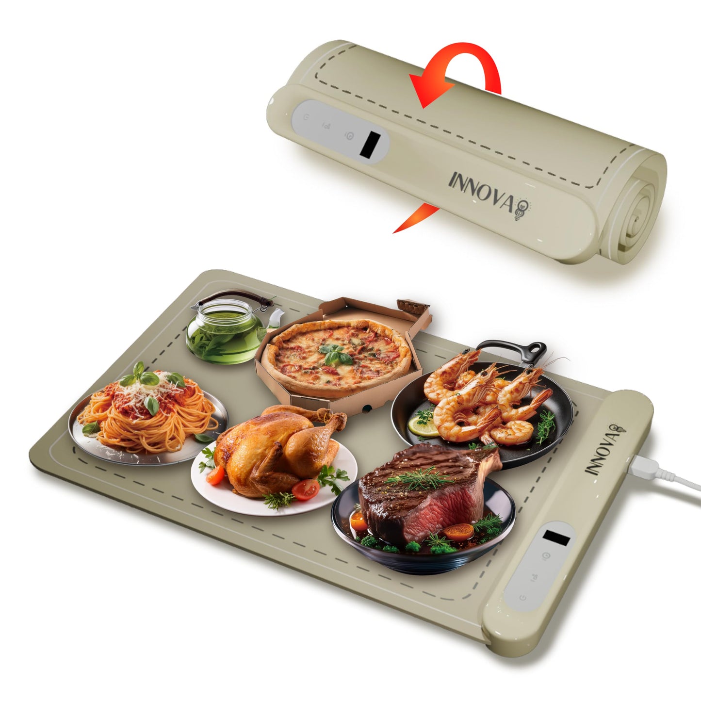 [Latest] Graphene Electric Food Warming Tray - 6 Temperature Settings, High Heat, Latest Model, Portable Silicone Heating Mat. Food Warmer for Parties, Family Gatherings. (Ivory Beige, Large)