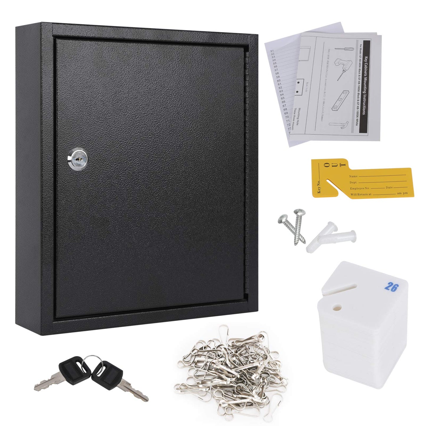 KYODOLED Key Storage Lock Box with Key, Locking Key Cabinet, 60 Key Management Wall Mount with Key Lock, Key Hooks & Key Labels, 2.5" D x 10.2" W x 12.1" H (Black,60 Key)