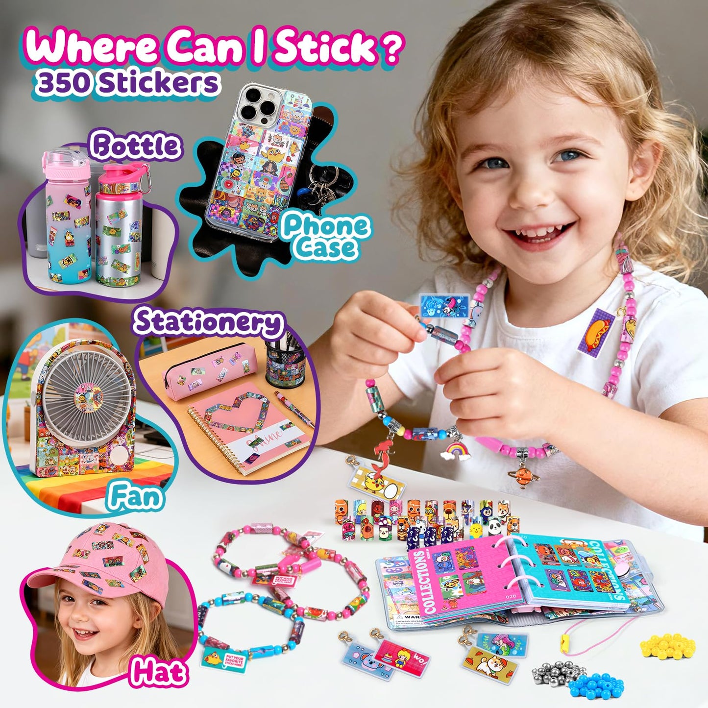 DIY Sticker Bracelet Maker, with 350pcs Mini Rolls Stickers, 12 Cute Pendants &Collect Book,Jewelry Necklace Making Kit,Fun Arts and Crafts for Kids 5-12, Birthday Party Gift,Toys for 5 Year Old Girls