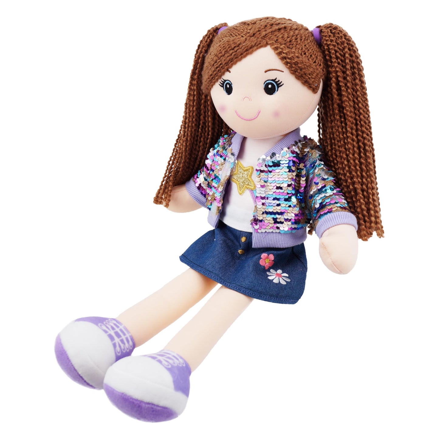 June Garden 18" Snuggle Cutie Sophie Glam - Soft Cuddly Plush Doll Gift for Girls - Huggable Rag Doll - Trendy Outfit L