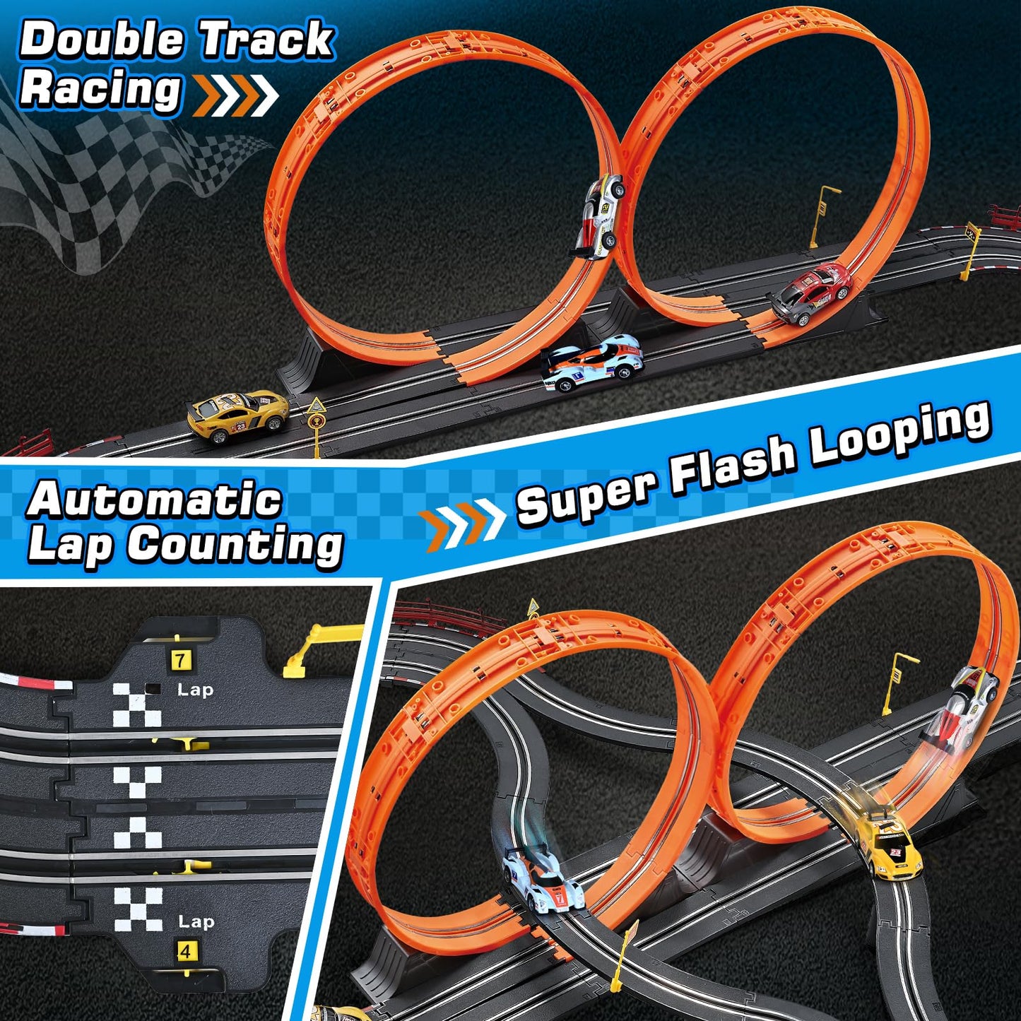 Boy Toys Gifts for 6 7 8-12 Years Old, Slot Car Race Track Sets with 4 Slot Cars, Battery or Electric Car Track for Boys, Dual Racing Game Lap Counter Circular Overpass Track Gifts for Kids