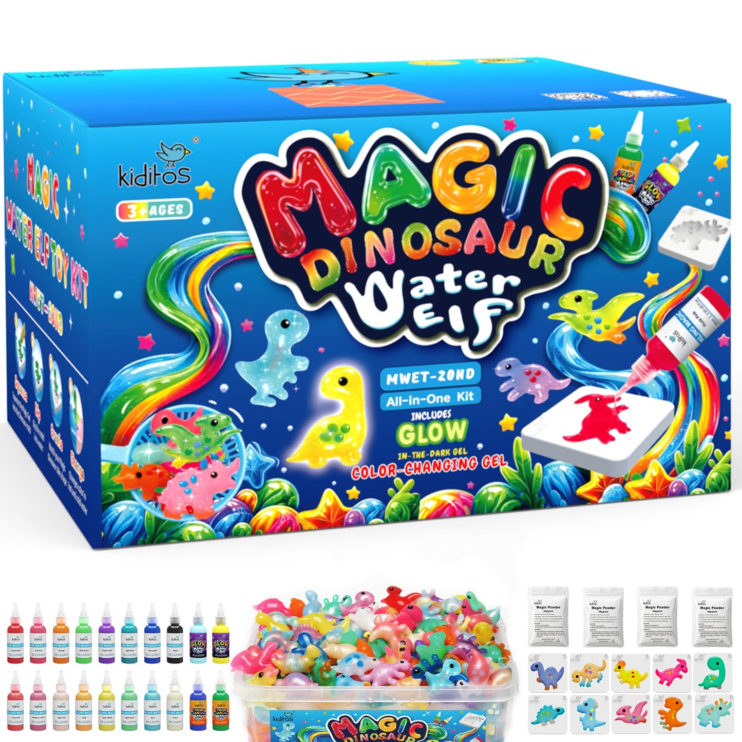 Kiditos Dinosaur Magic Water Elf Toy Kit–Squishies for Kids, 20 Gels & 10 Molds, Magic Gel Water Pets Sensory Toy, Fun DIY Craft Kit, Party Favors, Birthday for Kids Ages 3+