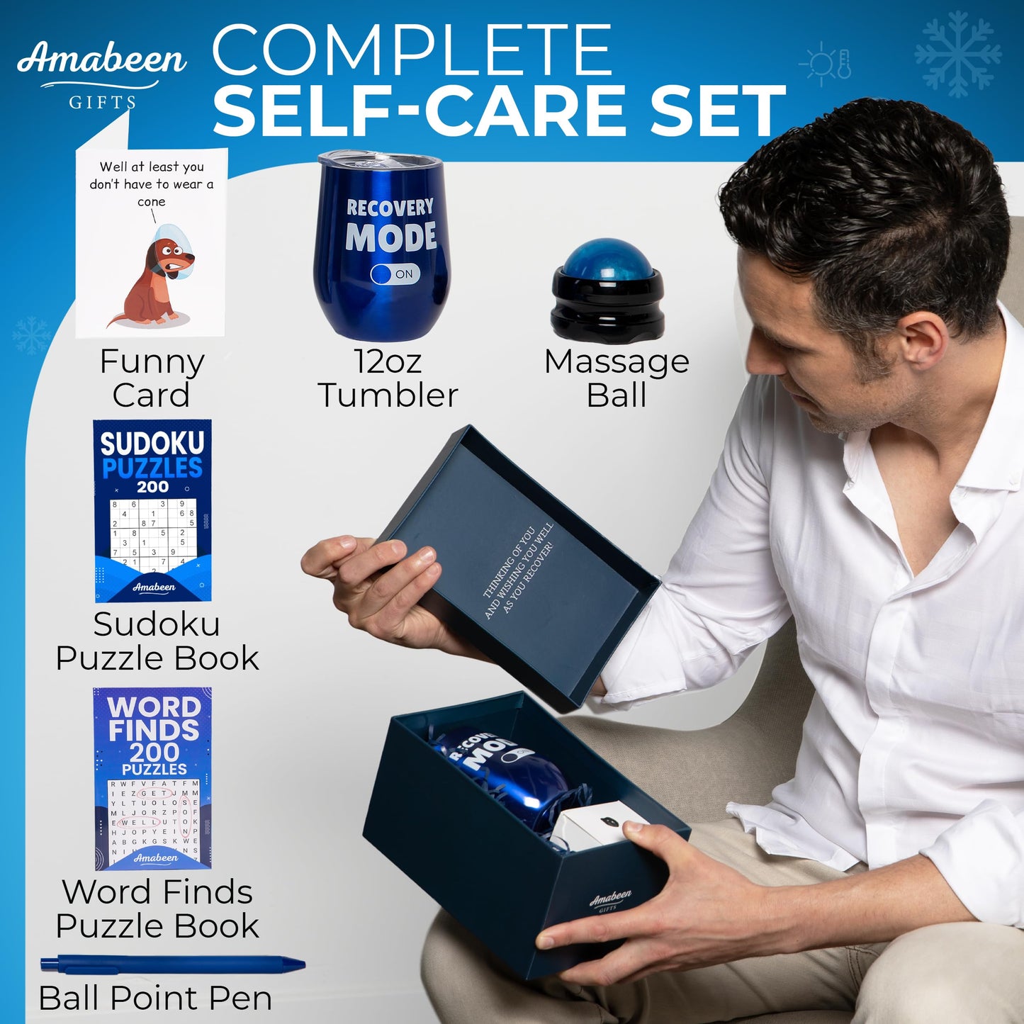 Amabeen Get Well Soon Gift Basket for Men - Funny Card, Insulated Tumbler, Word Finds Puzzle Book, Sudoku, Massager Ball - Recovery & After Surgery Care Package