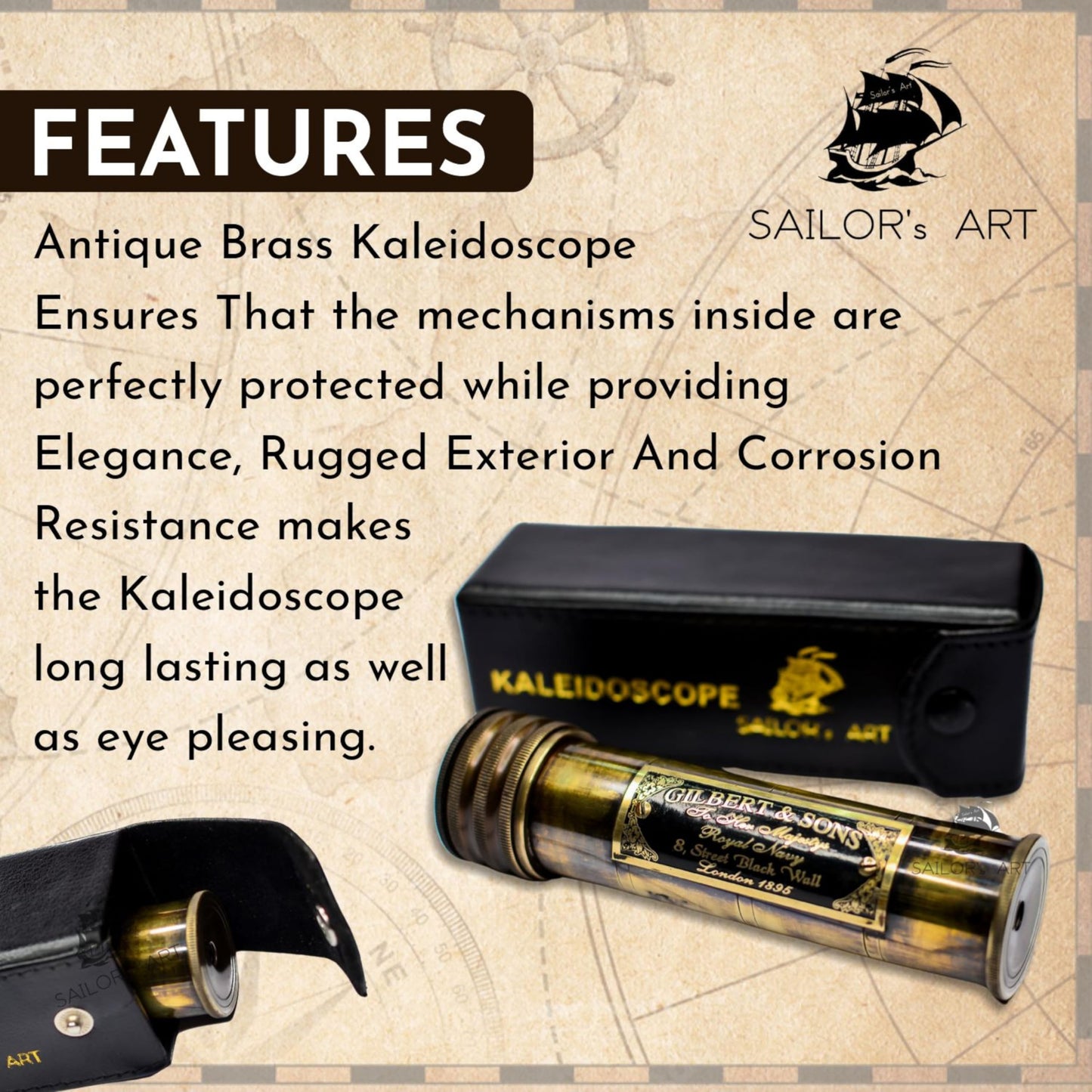 Sailor's Art Kaleidoscope with Case, Vintage Collection Kaleidoscope, Antique Finish Birthday Gift, 3D Lens Solid Brass 5.5 Inch for Friends and Family