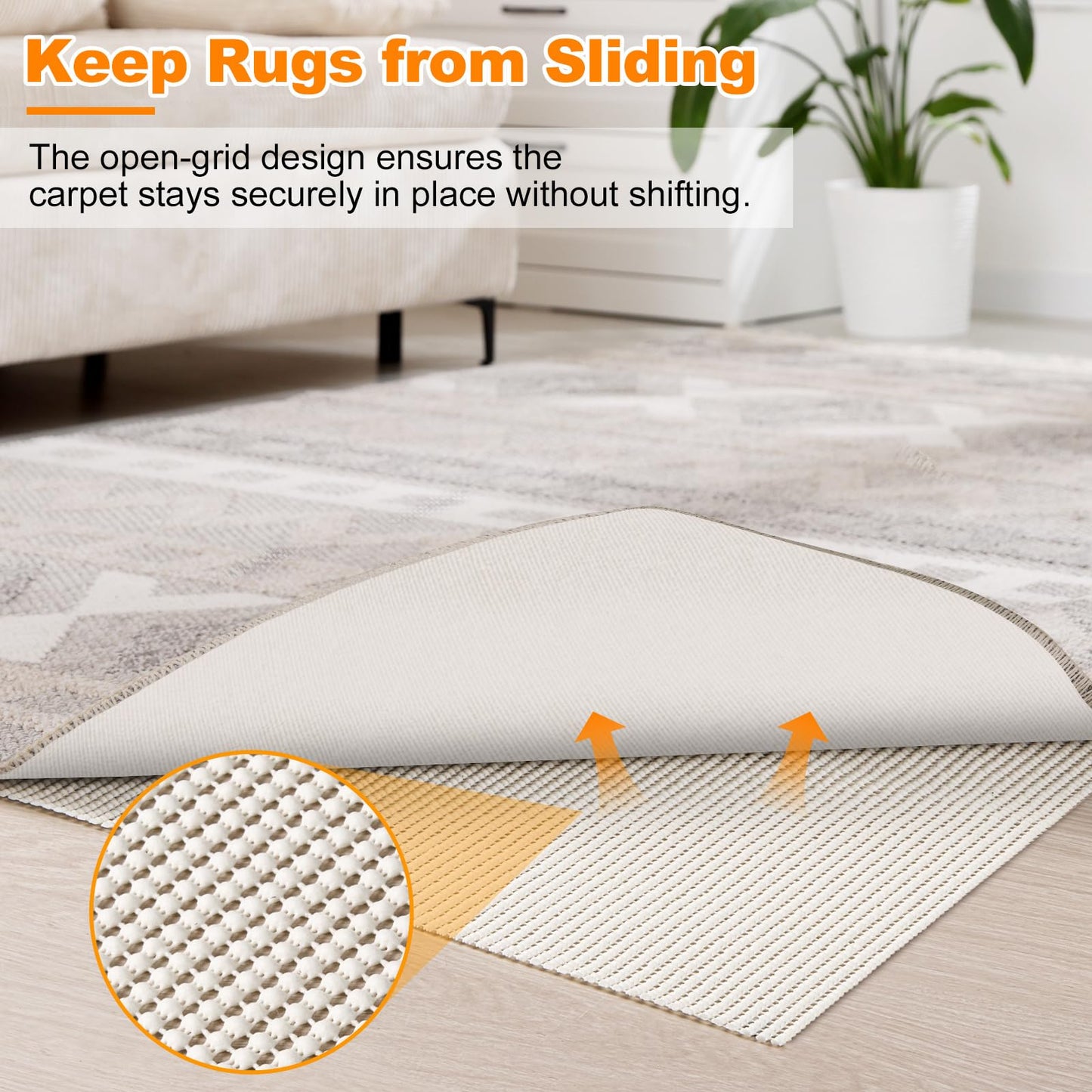 Songrey Non-Slip Rug Pad 9x12 FT, Extra Thick Carpet Pads for Hard Surfaces, Prevents Sliding and Secures Rugs, Provides Floor Protection with Comfort Cushioning