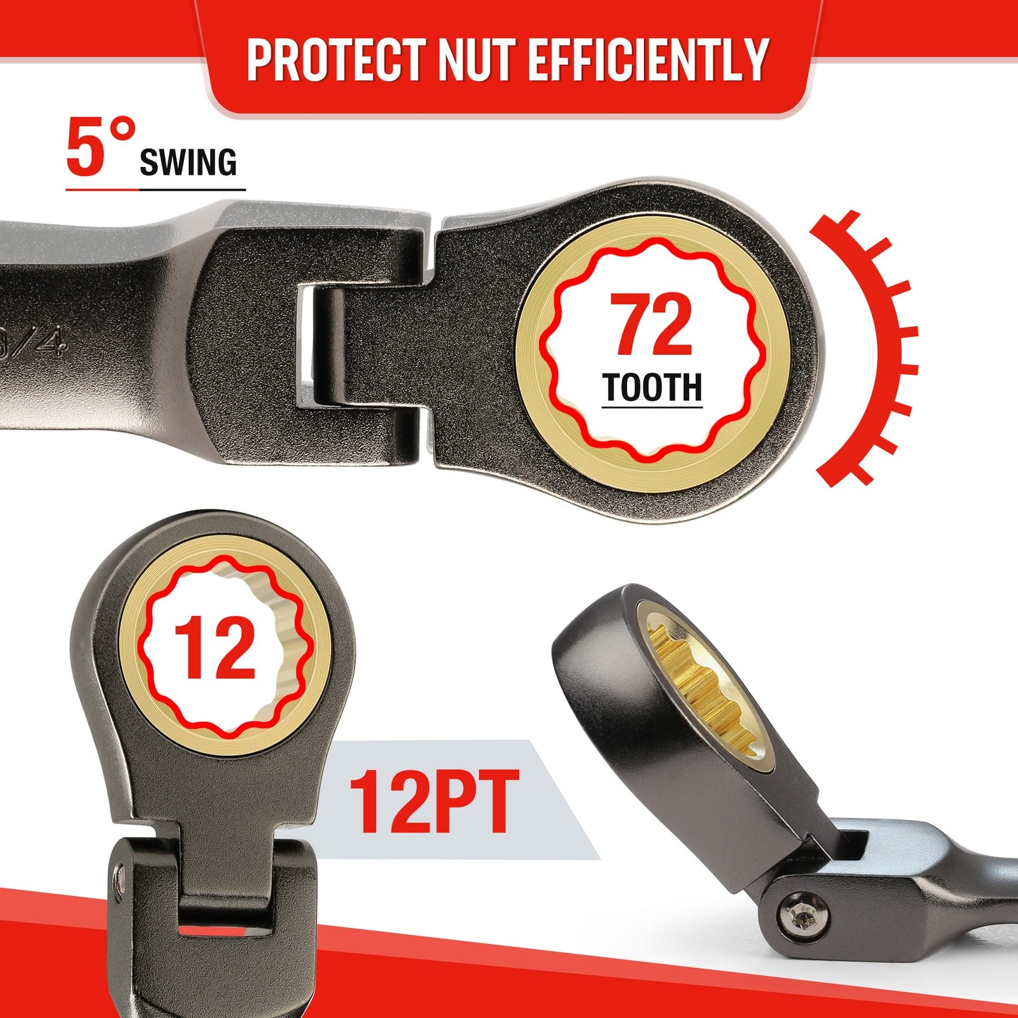 WORKPRO 8 Piece Flex Head Stubby Ratcheting Combination Wrench Set, SAE 5/16-3/4 in, 72-Teeth, CRV, Nickel Plating with Rolling Pouch