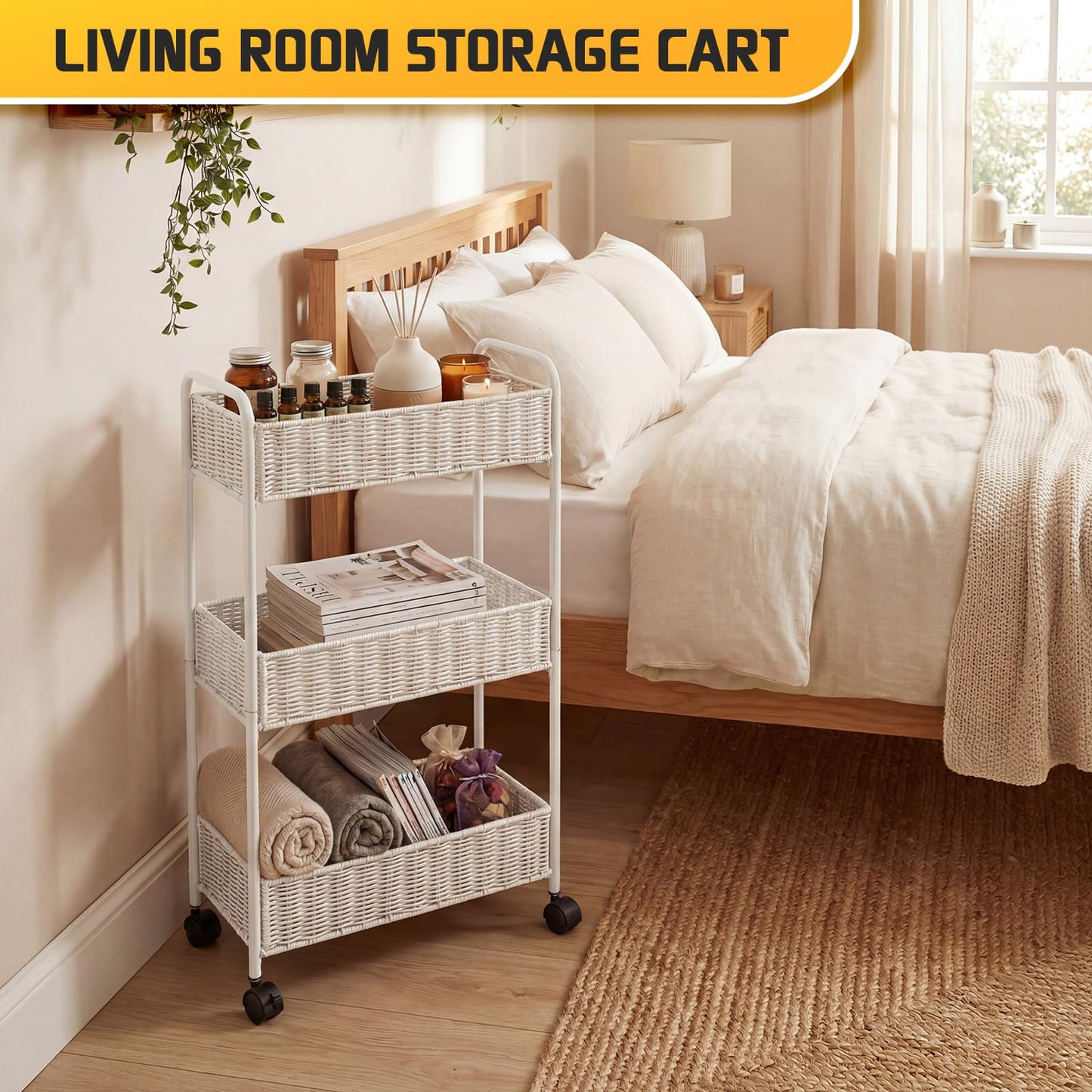 FOCHIER F Utility Slim Storage Cart,3-Tier Rolling Kitchen Office Laundry Room Cart,Mobile Shelving Unit Organizer for Living Room Bathroom Baby Diaper Narrow Places (White, UC-White-7.1inch)