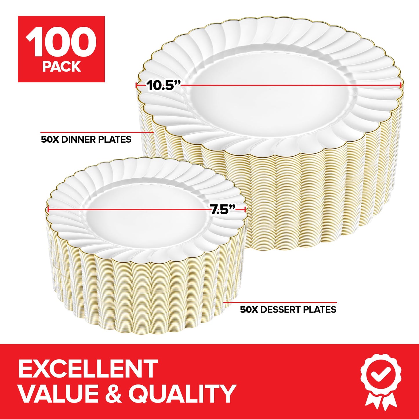 Stock Your Home 100 Pack – Elegant Ivory & Gold Scalloped Plastic Plates – Heavy-Duty Disposable Cream Plates with Gold Rim for Thanksgiving, Holidays, Dinners & Parties