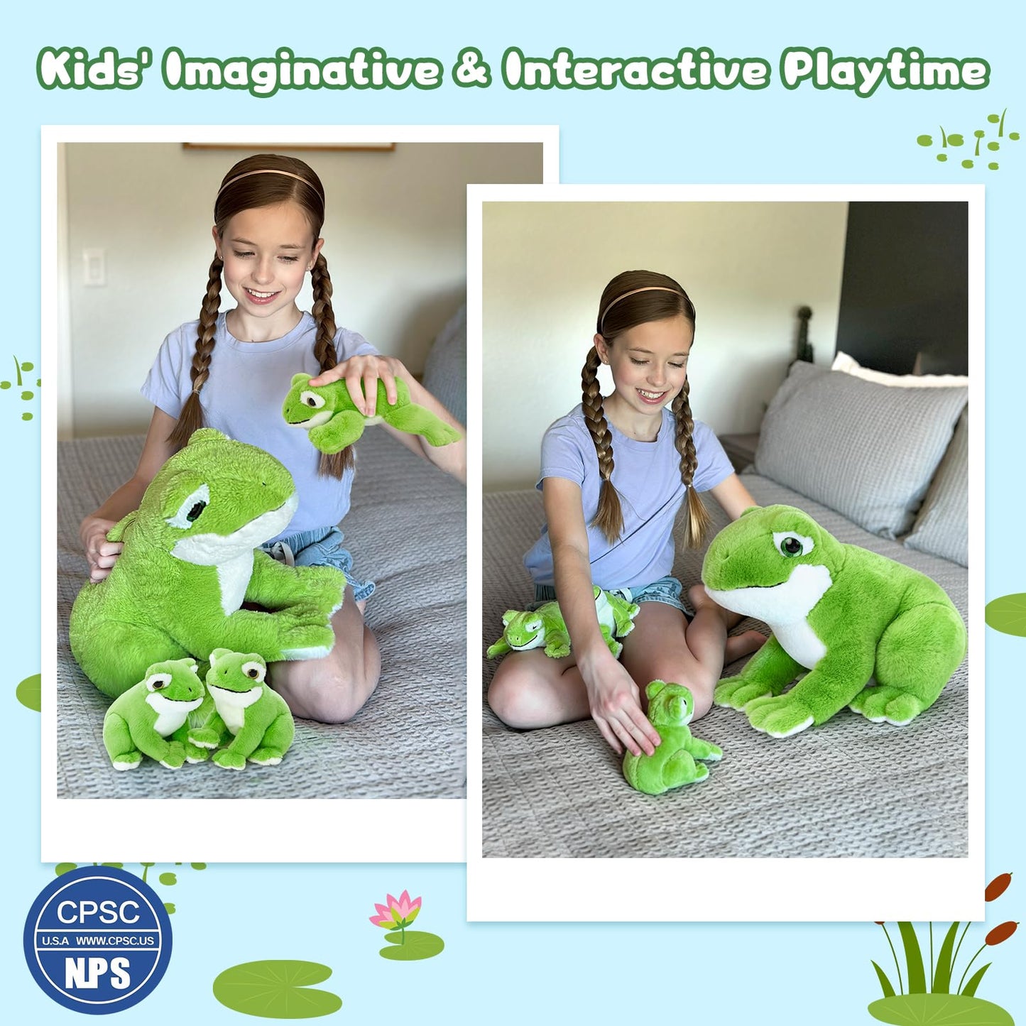 MorisMos Plush Frog and Baby (1 Mommy + 3 Baby) 15.7" Green Frog Plush Set Ultra Soft Cuddly Birthday & Christmas Toddler Kids Boys Girls