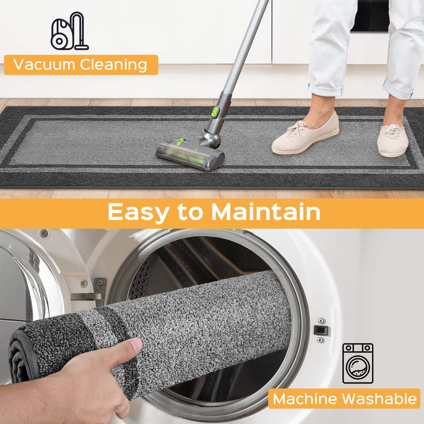 Kitchen Rugs 24" x 84", Non-Slip Machine Washable Kitchen Runner Rugs Floor Mats, Absorbent Comfort Standing Mats for Kitchen, Sink, Laundry and Hallway, Rolled Packaging, Light Grey & Dark Grey