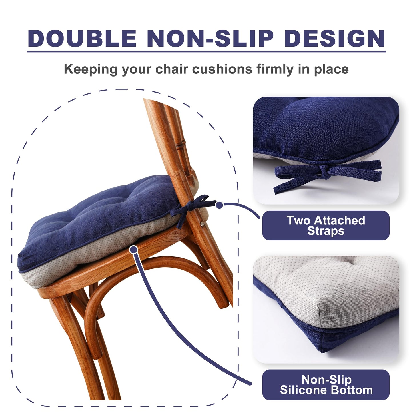 Battilo Chair Cushions Set of 4 for Dining Chairs, Seat Cushions for Kitchen Chairs with Non-Slip Backing, Indoor/Outdoor Waterproof Chair Seat Pads with Ties, 15.5"x15.5"x4", Navy