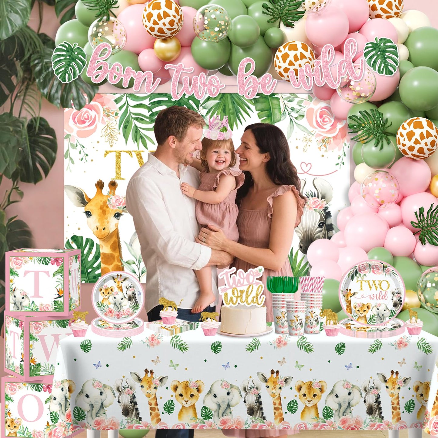 Two Wild Birthday Decorations Girl Safari Animal Jungle Theme 2nd Birthday Party Supplies Include Born Two be Wild Banner Balloons Garland Arch Plates and Napkins 2nd Decorations for Toddler Girl