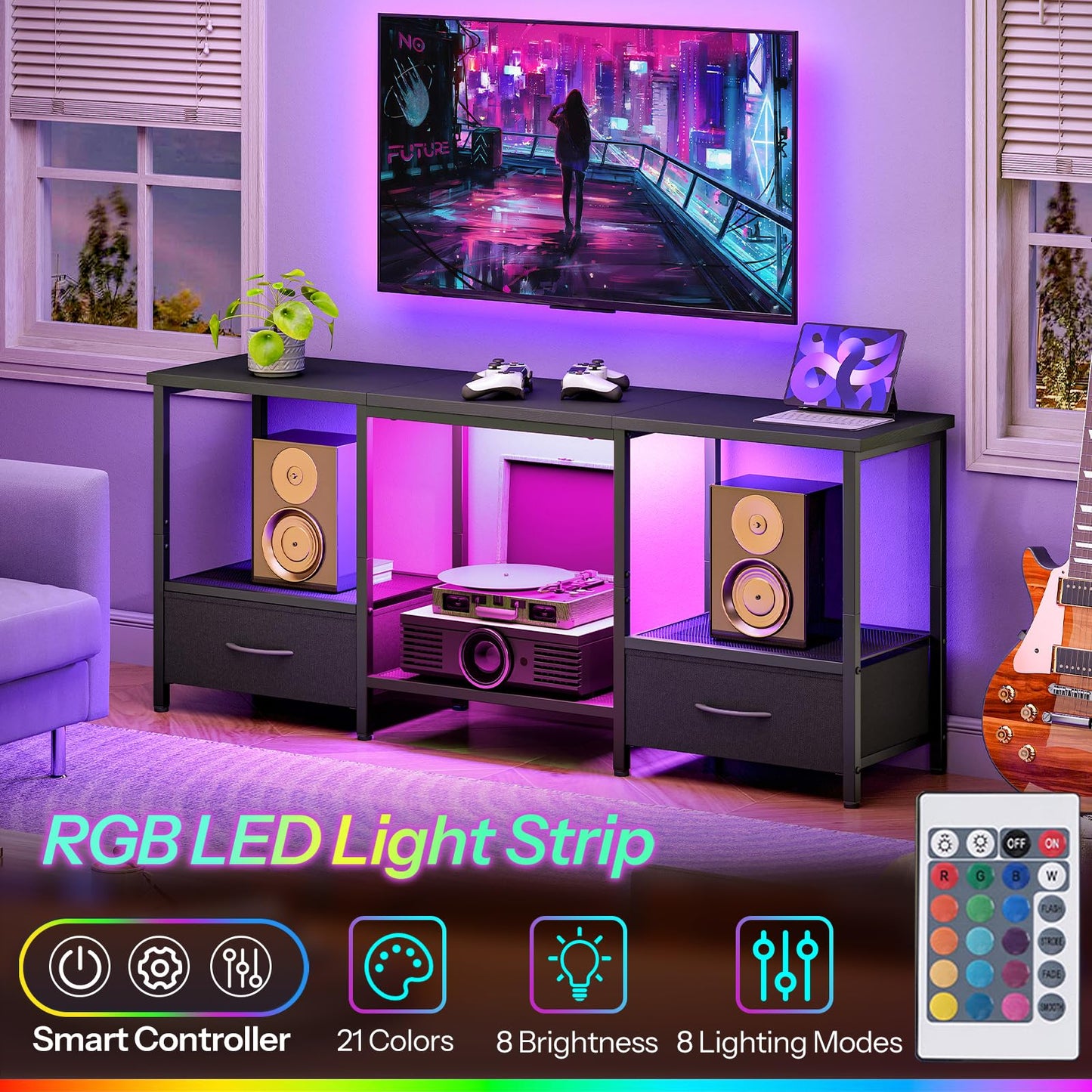 HOOBRO LED TV Stand with Storage, LED Entertainment Center with Open Shelves and Drawer, Fits TVs up to 55", Television Stand for Living Room, Bedroom, Black BB123DDS01G1