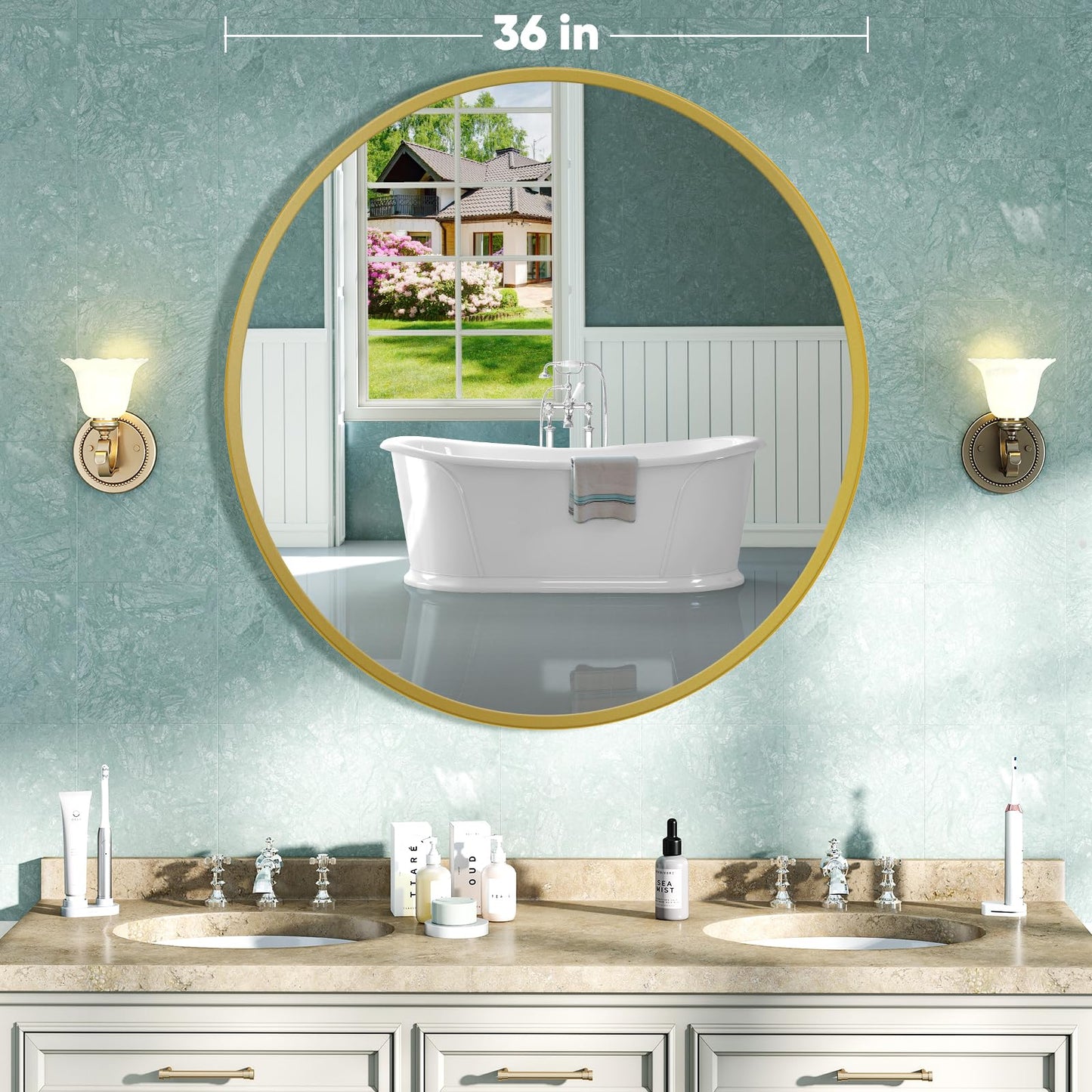 NEWBULIG Round Bathroom Mirror for Over Sink, 36 Inch Wall Mount Vanity Circle Mirror with Matte Metal Framed, Decor for Bathroom, Entryway, Bedroom, Gold