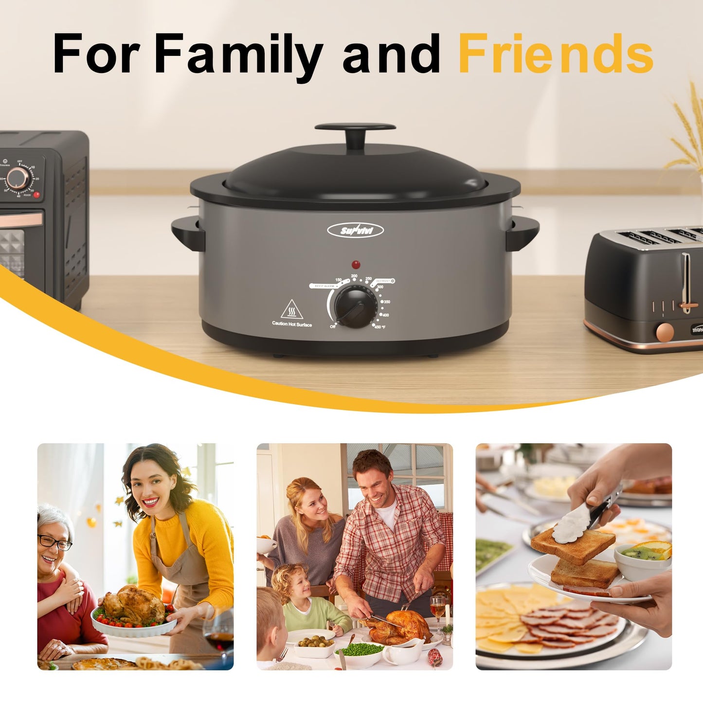 SUNVIVIPRO Slow Cooker with Self-Basting Lid, Electric Turkey Roaster Oven with Removable Pan and Rack, Stainless Steel, Grey, 8 QT