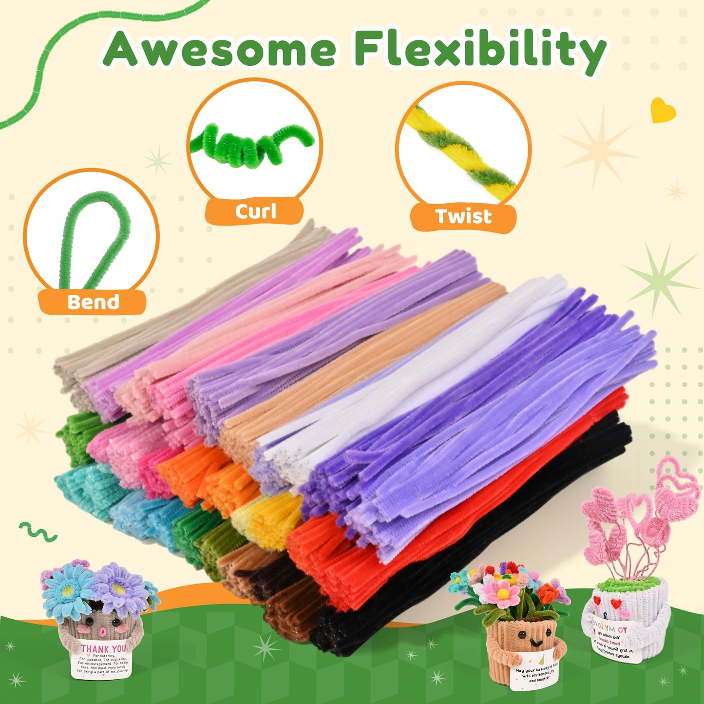 POMBUDS 1300 pcs Pipe Cleaners Crafts kit, 13 Colors, Potted Plants