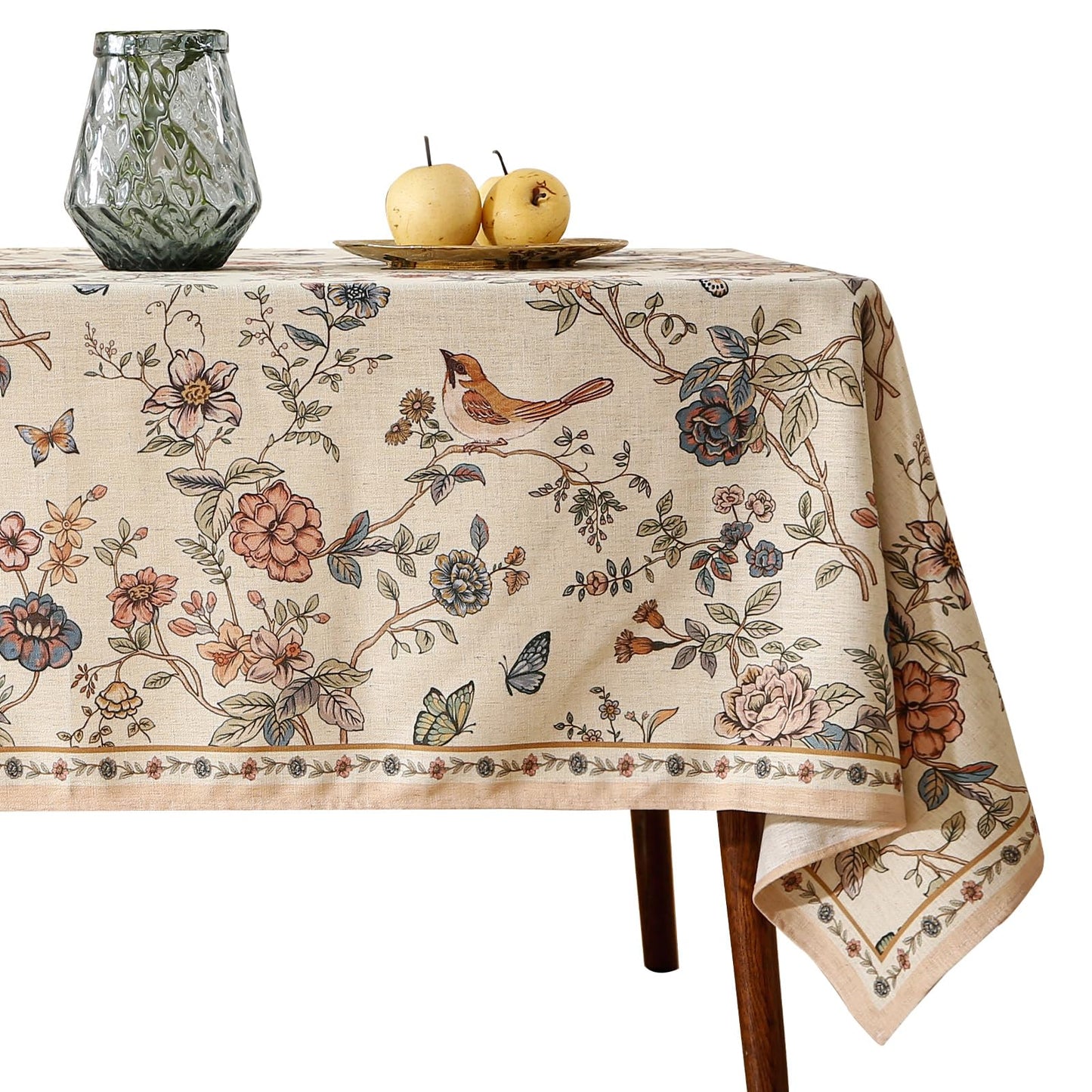 ISAENNE French Tablecloth for Rectangle Tables,Linen Table Cloth with Flowers and Birds Pattern,Heavy Durable Table Cover for Dining Thanksgiving Kitchen Decor Party Banquet Christmas,63"*110"