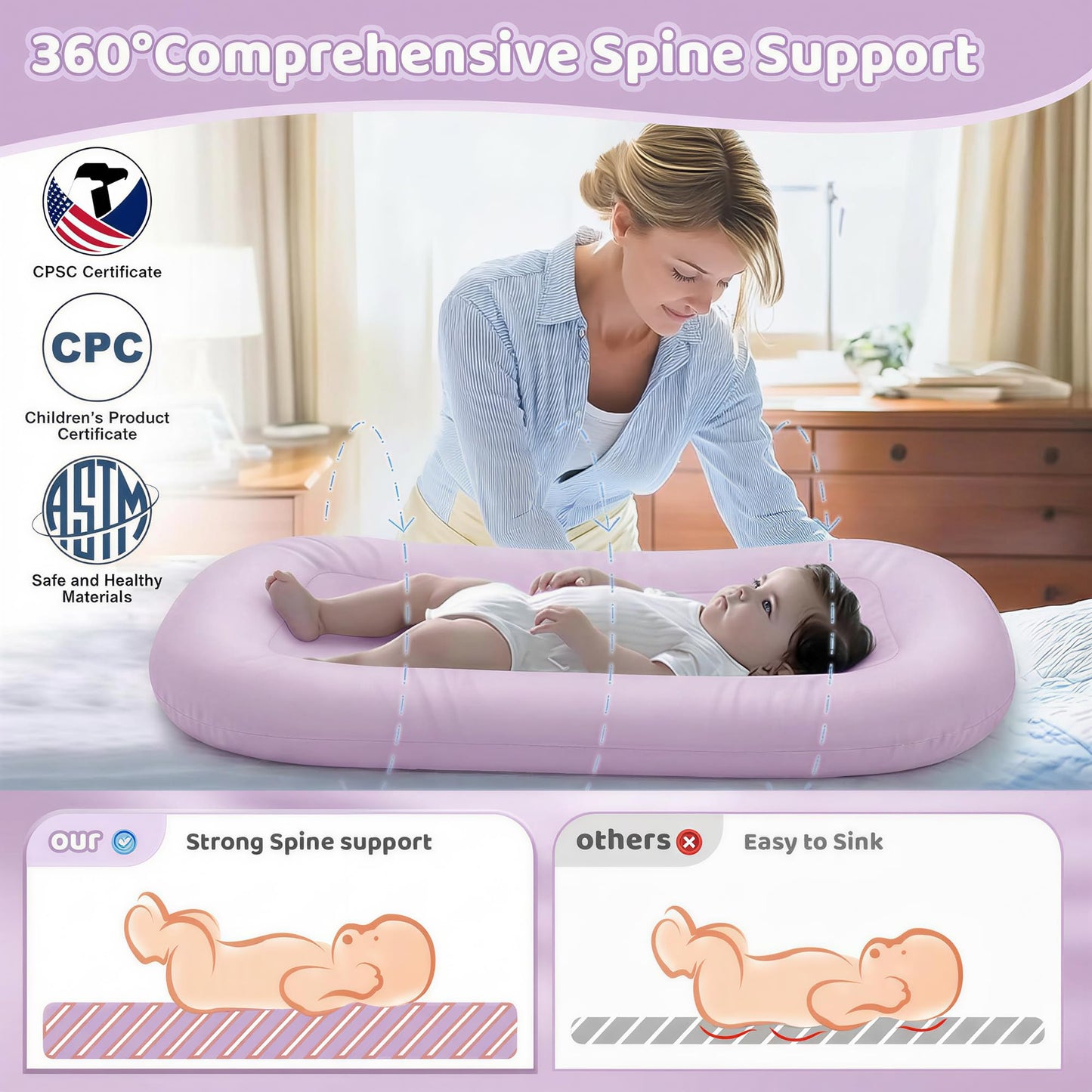 Cpzzkq Infant Support Cushion - Baby Support Cushion for Newborn, 0-24 Months, Portable Tummy Time Mat for Home and Travel, Soft Cotton, Supervised Use, Baby Essentials Gift, Purple (Cover Included)