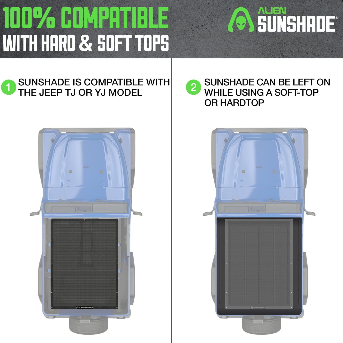 Alien Sunshade Jeep Wrangler TJ Sun Shade (1996-2006) & YJ (1987-1995) Jeep Wrangler Accessories, Full Length Mesh Sun Shade for TJ & YJ 2 Door, Blocks UV, Wind, Noise, Bikini Top Cover (Black)