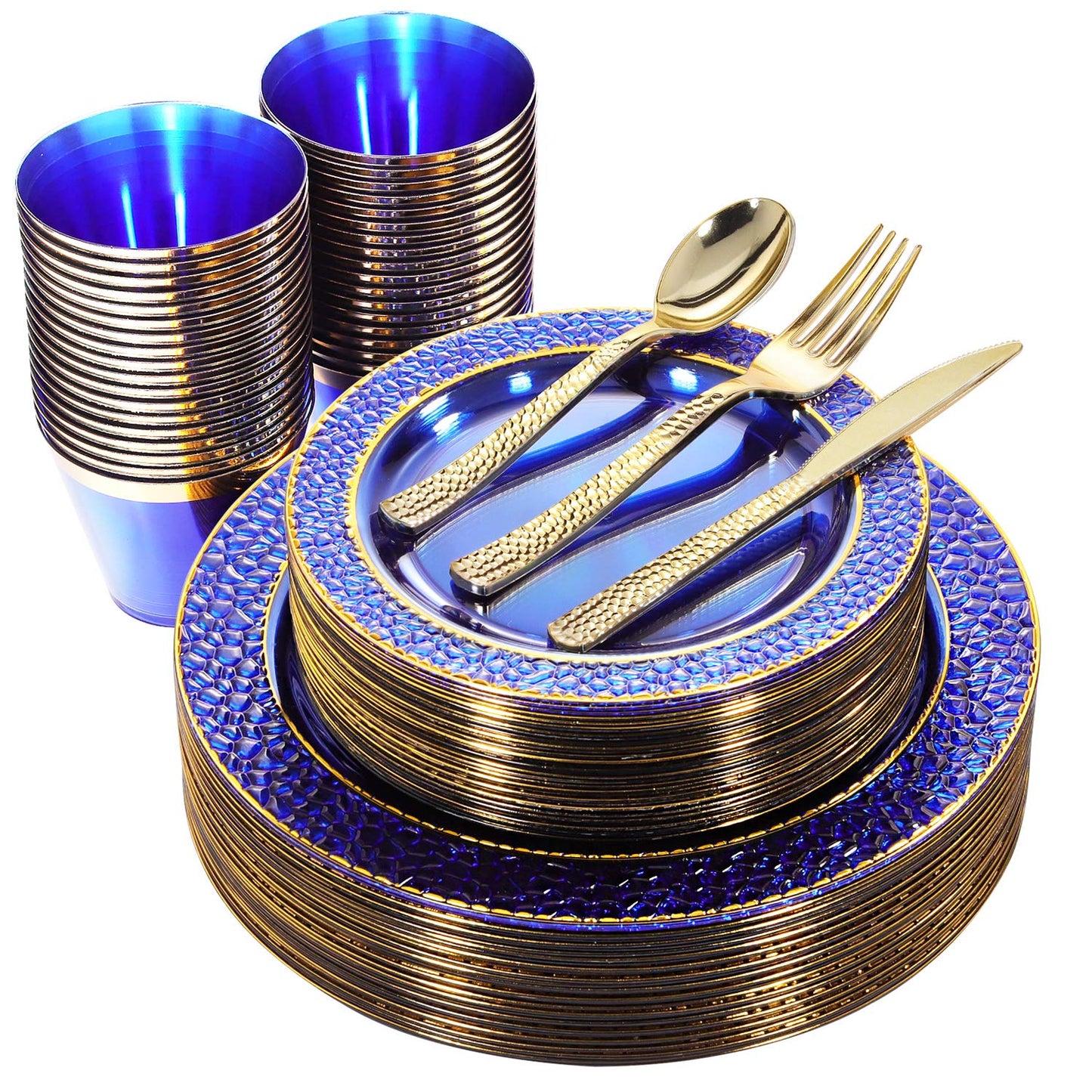 Nervure 150PCS Clear Blue Plastic Plates - Gold Party Plates - Blue and Gold Dinnerware Set Include: 50 Disposable Plate, 25Cups, 25Forks, 25Knives, 25Spoons for Wedding & Party & Father's Day